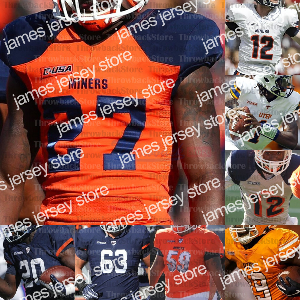

American College Football Wear Custom UTEP Miners College Football Jerseys Kai Locksley Treyvon Hughes Cowing Justin Garrett Tre'Shon Wolf Praise Amaewhule, Navy