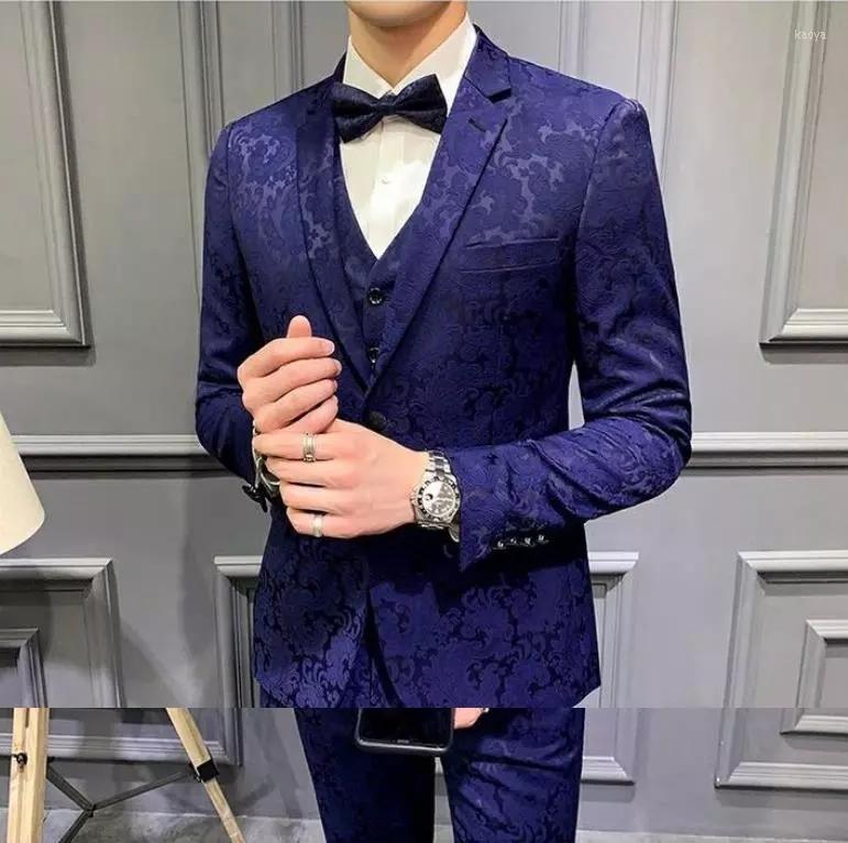 

Men's Suits Fashion Royal Blue Jacquard Men's Suit Business Formal 3 Pieces Slim Fit Notch Lapel Prom Tuxedos Wedding Groomsmen Groom, Green