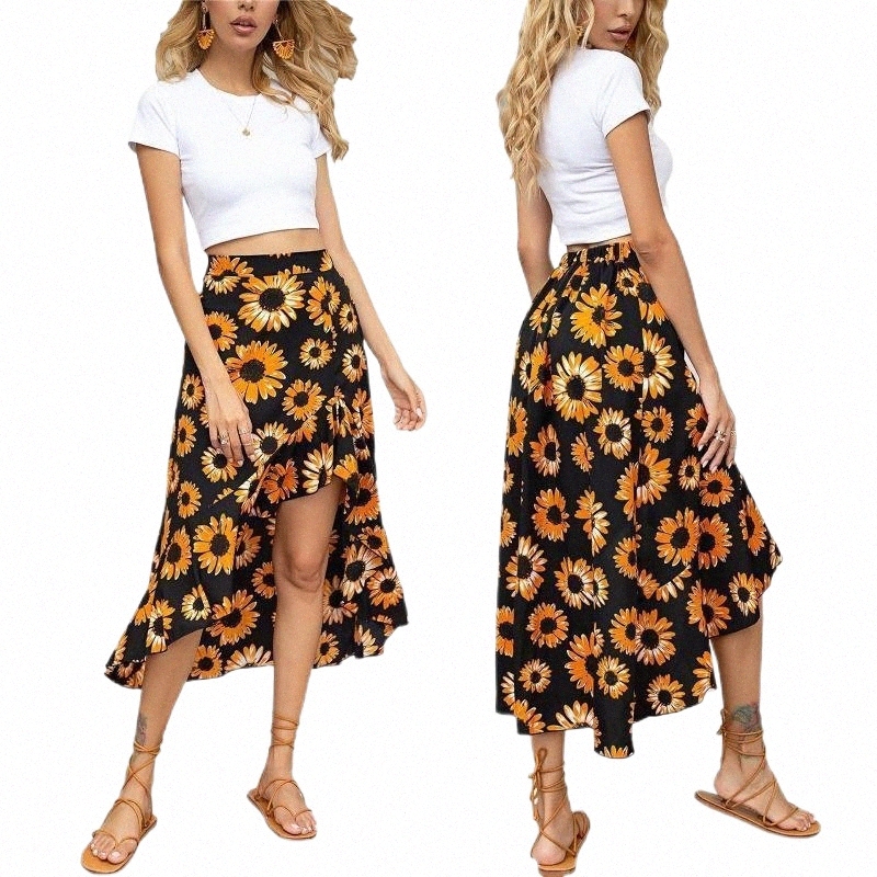 Skirts skirts 2022 Summer Women Fashion High Waist Floral Print Skirt Stylish Irregular Hem For Ladies Female r1re#-image-797943572