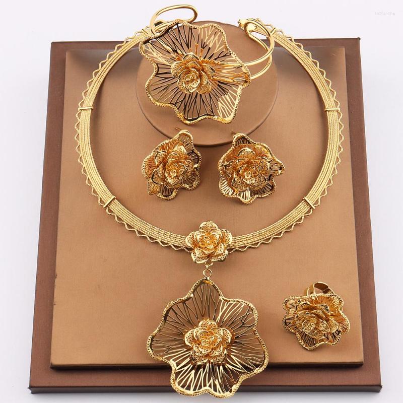 

Necklace Earrings Set Dubai Gold Color For Women African Flower Shape Jewelry Nigerian Bridal Wedding Costume Bracelet Ring, Picture shown