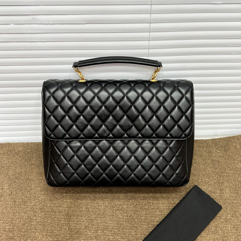 

Womens Vinatge Classic Black Briefcase Quilted Bags Top Handld Totes Detachable Leather Strap Crossbody Jumbo Handbags Gold Turn Lock Messenger Pocket 38CM
