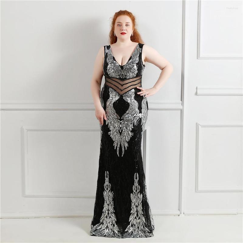 

Plus Size Dresses V-neck Women Clothing Chic And Elegant Evening Party 2022 Chubby Luxury Designer Green Prom Gold Sequin