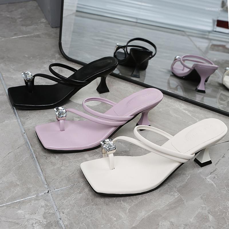 

Sandals Pmwrun And Slippers Women's 2022 Fashion All-match Square Half High Heels Hyuna Taro Purple Rhinestone Set Toe, Lavender