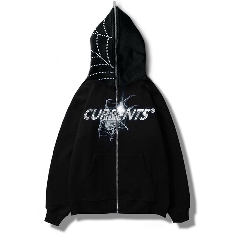 

Mens Hoodies Sweatshirts Spider Diamond Men Zipper Hoodie Gothic Letter graphic punk clothes Teen Oversized Sweatshirts zip up Streetwear Y2K 220902, Black