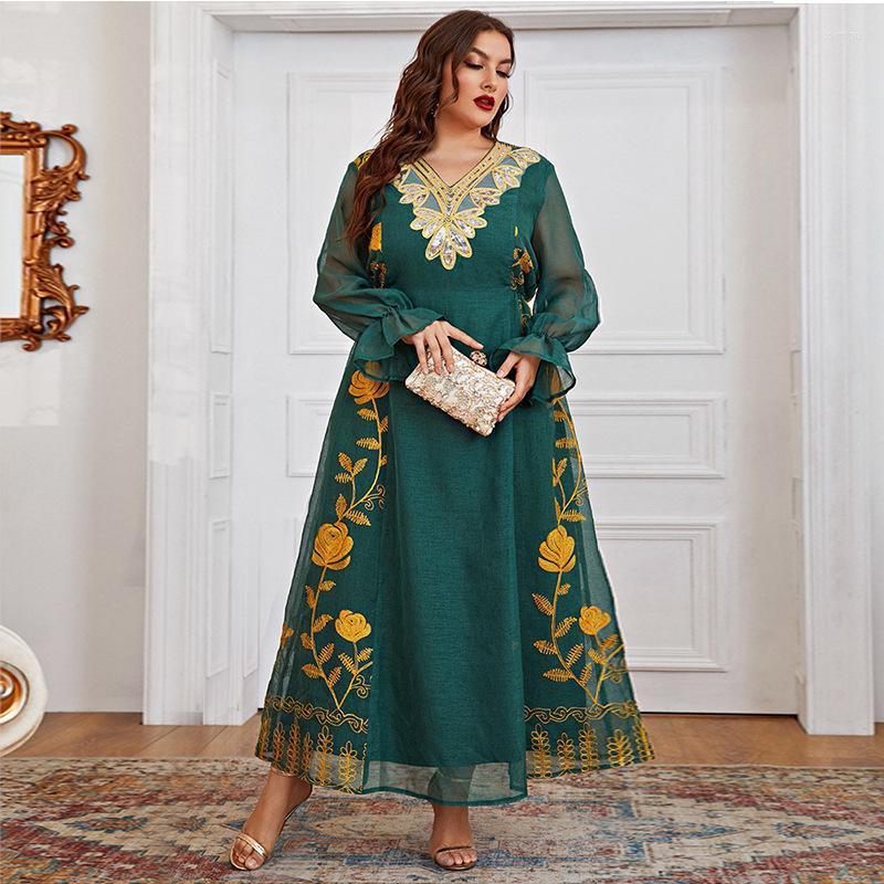 

Plus Size Dresses Luxury Print Midi Dress Women Chic Lantern Long Sleeve V Neck Evening Fall Elegant For Wedding Party, Green