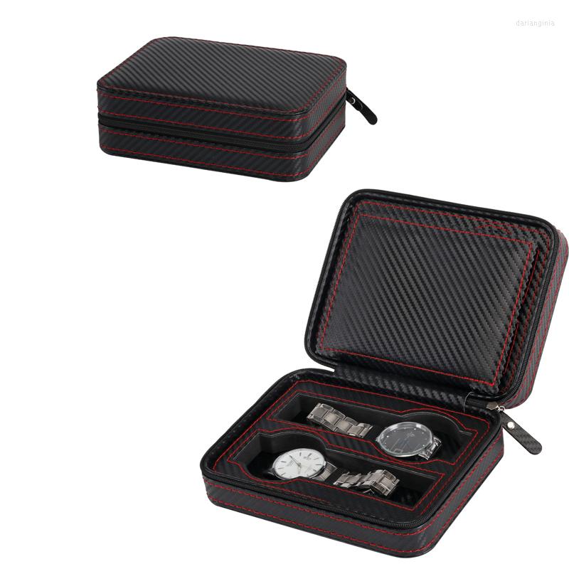 

Watch Boxes Carbon Fiber Leather Red Sew Zipper Pocket Portable For Brand Box&Bag Zippered Sport Watches Storage Case Organizer