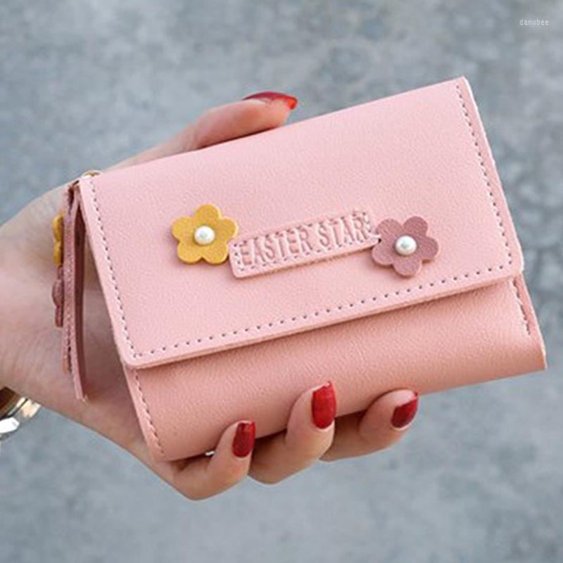 

Wallets Korean Short MINI Wallet Female Spring Arrival Flower Thin Card Holder Small Fresh Student Buckle Coin Purse, Yellow