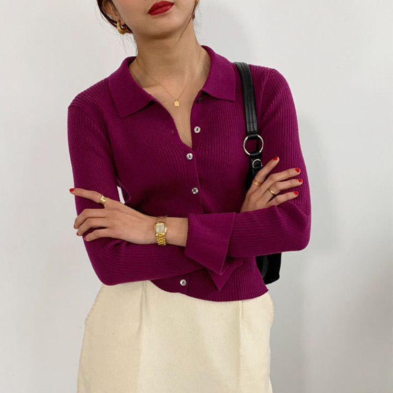 Women's Knits Tees Lucyever Chic Thin Cropped Cardigan for Women Spring Summer Slim Fit Knitting Cardigans Woman Turn Down Collar Solid Jumper