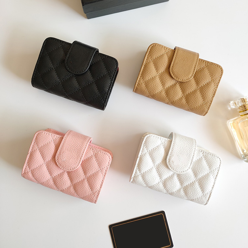 

Womens Classic Mini Hasp Card Holder Bags Caviar Leather Calfskin Multi Pochette Gold Hardware Purse Tiny Clutch Luxury Designer Pouch 11x8cm, Black