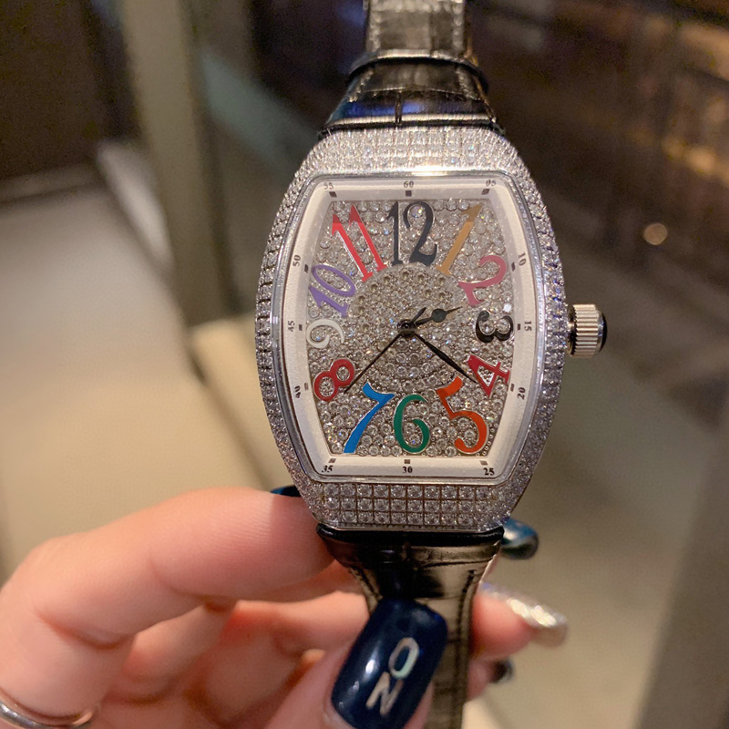 

Silver Iced out Watch Rainbow numerals 32mm&36mm CZ stones Men women zirconia diamonds Watches Black leather strap quartz movement Luxury Sapphire wristwatches, Only box and papers