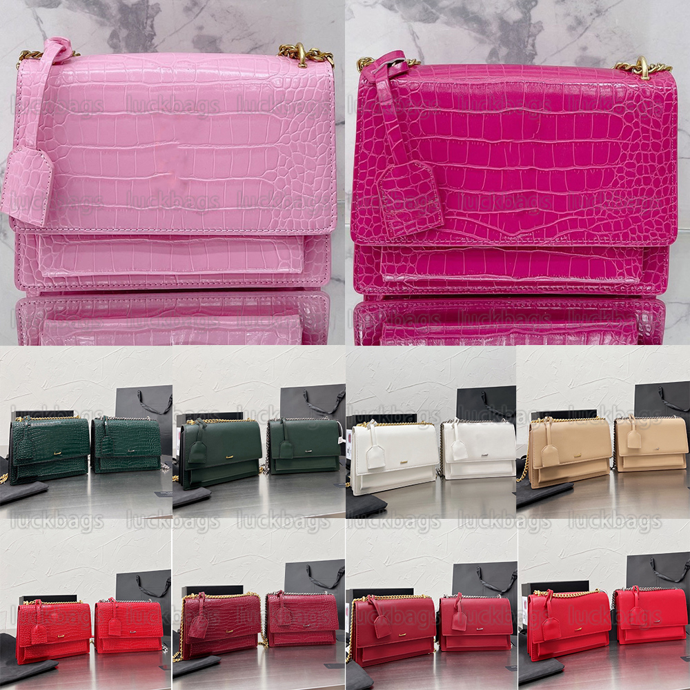 

sunset medium chain bag crocodile embossed leather wallet top handle Luxury Designer Shoulder bags detachable chain strap magnetic fastening flap tote, Dust bag