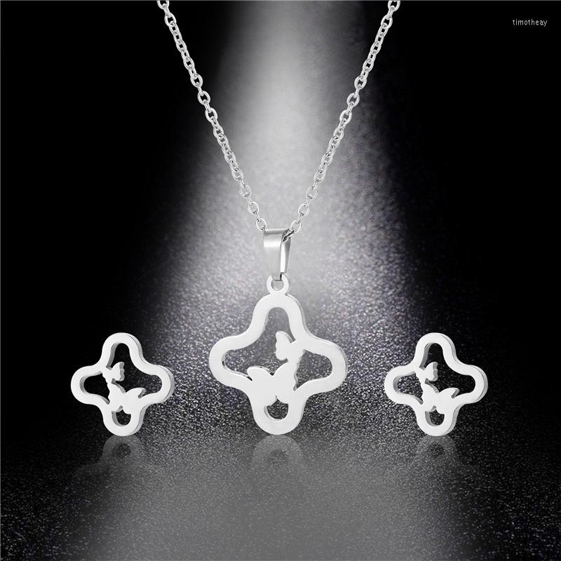 

Necklace Earrings Set Korean Fashion Simple Style Stainless Steel Four-leaf Clover Butterfly Pendant Clavicle Chain, Picture shown