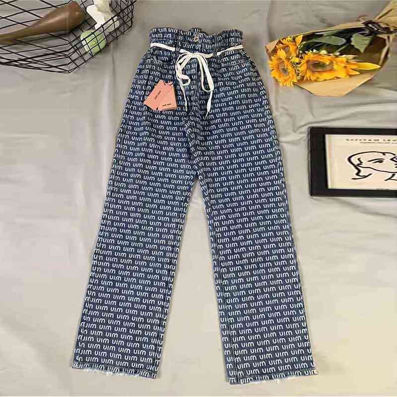 

Women' Jeans quality Miu home full printed letters denim pants high waist thin wide leg female summer KLOJ, Blue