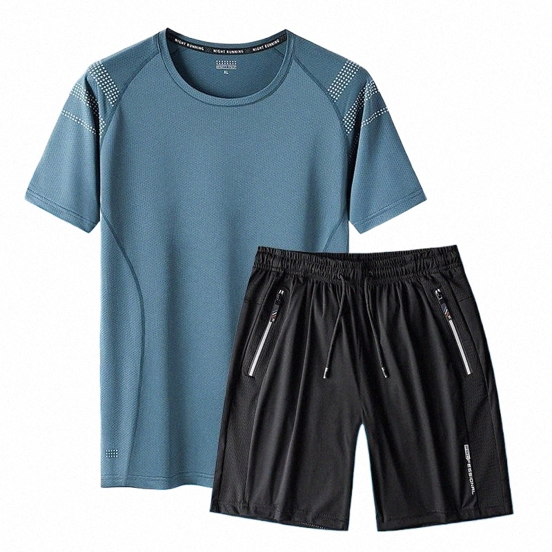 Men's Tracksuits men's Tracksuits Color Plus Size 2XL-9XL Men's Summer Cool Gray Quick-Dry Sports Suit Male Thin Black Blue Mesh Brea