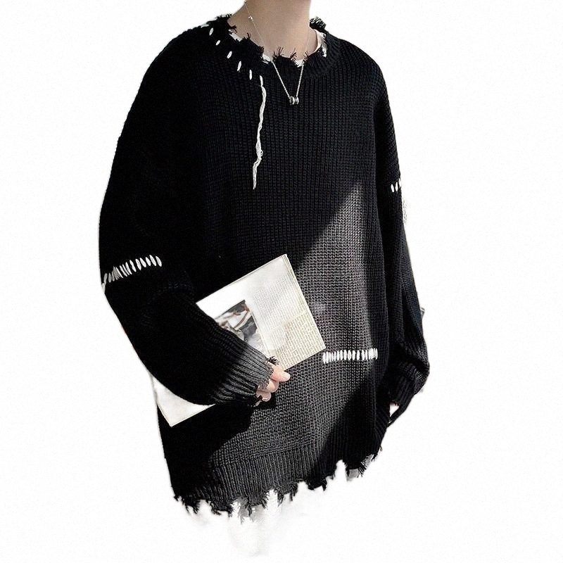 Men's Sweaters men's Sweaters Pullovers Men Ripped Trendy Irregular Sweater Autumn High Street Unisex Loose Knitting Print Leisure Chan-image-798362663