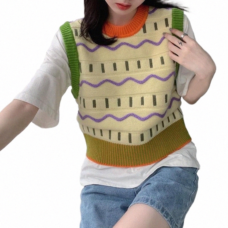 Women's Vests women's Vests Kimotimo Knitted Vest Women 2021 Autumn Winter Colorblock O-neck Sleeveless Pullover Korean Chic Overlap Desig