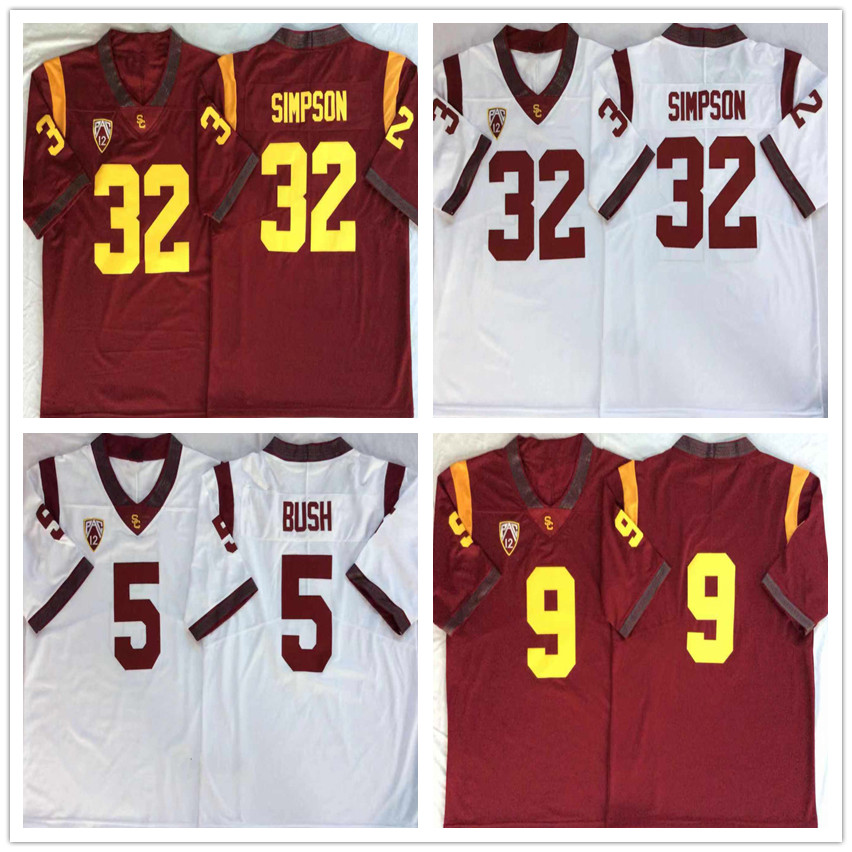 

Basketball Jersey Men  NCAA USC Trojans 32 O.J Simpson 9 JuJu Smith Schuster 5 Reggie Bush White Red Football Jerseys College Stitched, 5 white
