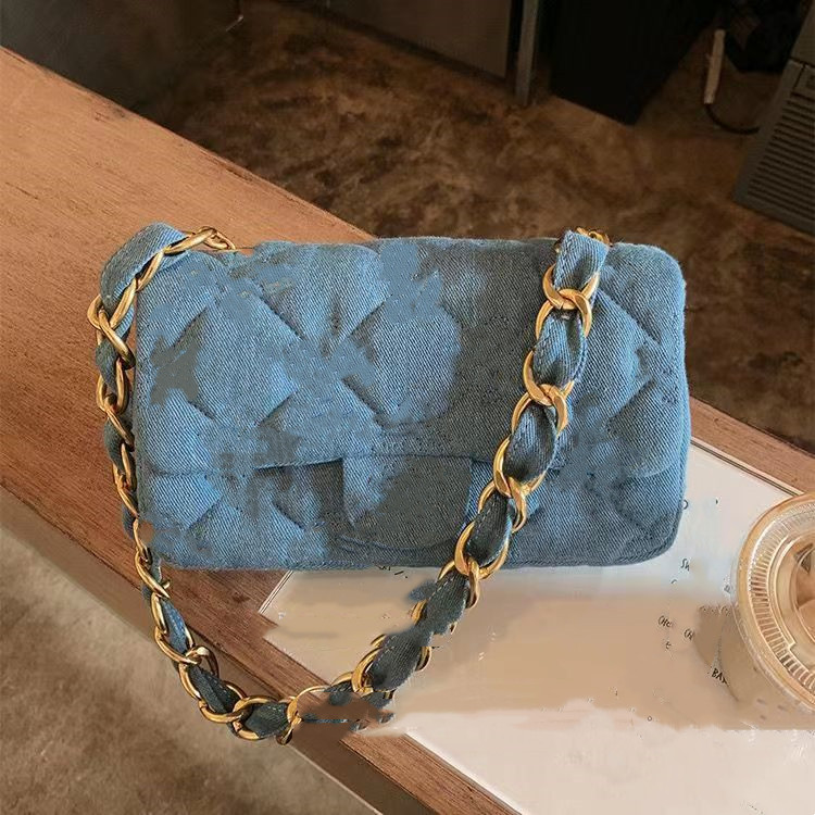 

Embroidered Denim bag women's 2022 summer new soft collapse rhombus lattice chain lock small square bag fashion one shoulder underarm, Black
