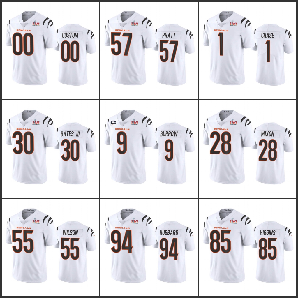 

Jersey Cincinnati''Bengals''Men 28 Joe Mixon 85 Tee Higgins 1 Ja'Marr Chase 9 Joe Burrow Women Youth Custom Super Bowl LVI Limited