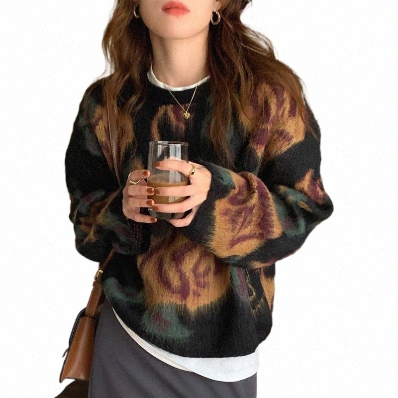 Women's Sweaters women's Sweaters Retro Mohair Sweater Women 2021 Autumn And Winter Chic Loose Casual Long-sleeved Knitted 65sI#-image-798393536