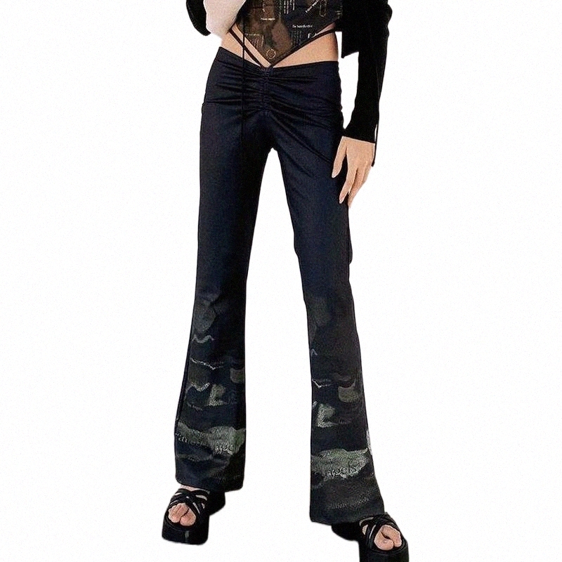 Women's Pants & Capris women's Pants & Capris Y2K Flare Low Waist Hip Pumping Pleated Streetwear Club Lace Up Print Trouser Fashion Cas-image-798397672