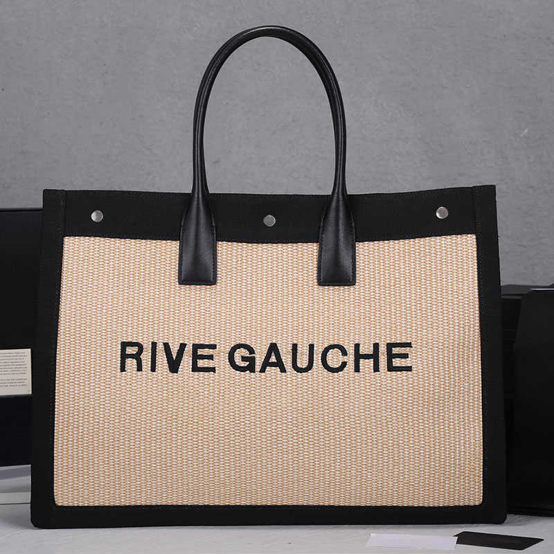 

Top Quality Rive Gauche Handbags Tote Shopping Bag Canvas Leather Embroidered Letters Snap Fastener Large Capacity Pocket Women Summer Woven, 66