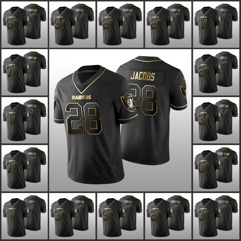 

Jersey Wholesale Custom Las Vegas''Raiders''Men #4 Derek Carr 34 Bo Jackson 28 Josh Jacobs''NFL''Women Youth Black Golden