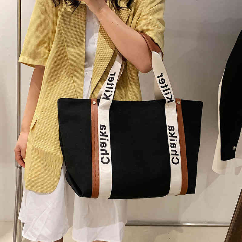

Bags Large capacity simple Canvas Tote Bag 2022 new wide band printed letter tote bag for students Purses, White