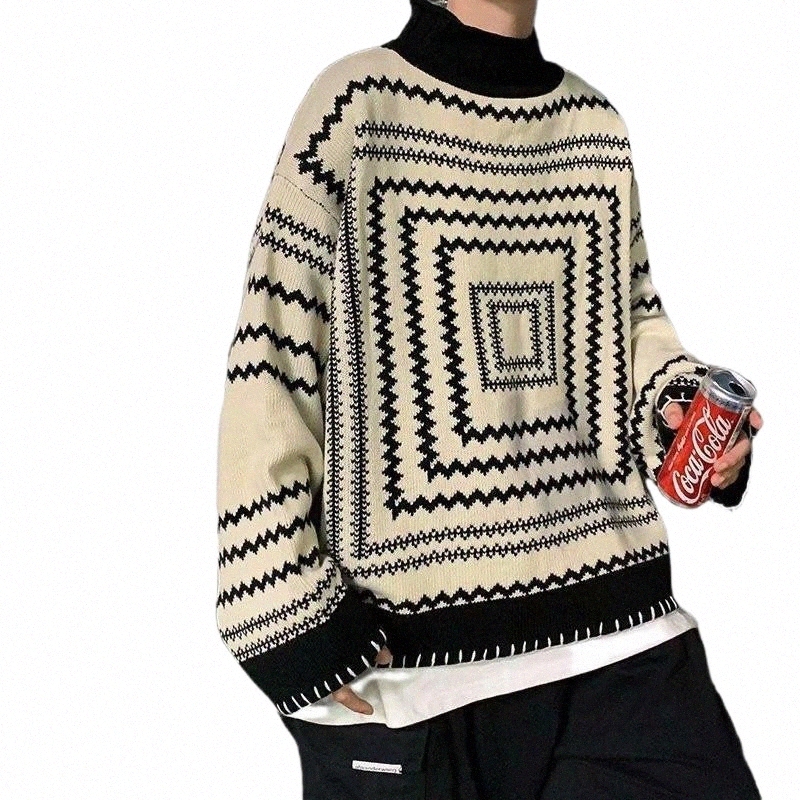 Ponts masculins pulls masculins Printemps et automne Pull pour hommes ¢ rayures ¢ col roul← ¢ col roul← l¬ches Lazy Trend Streetwear Streetwear C
