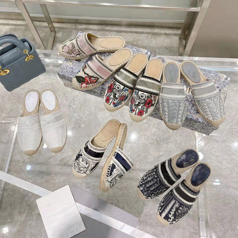 

Espadrilles leather Slippers woman shoes luxe cap toe Top quality Luxury Designer summer flat loafer shoes embroidery hollowed-out slides classic size 34-42