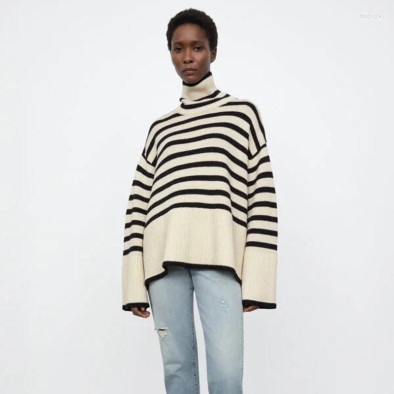 Pulls pour femmes Pull à manches longues en laine rayée pour TOTEM 2022 Printemps et automne Col haut Lâche Noir Blanc Slit Top tricoté Femmes