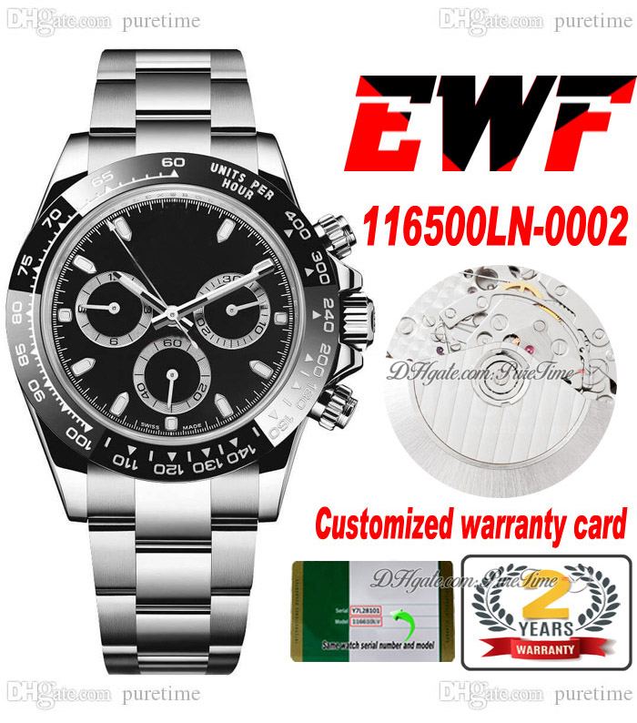 

EWF 40mm ETA A7750 Automatic Chronograph Mens Watch Ceramics Bezel Black Dial Stick Markers Oystersteel Bracelet Super Edition Same Serial Card Puretime A1, Custom warranty card