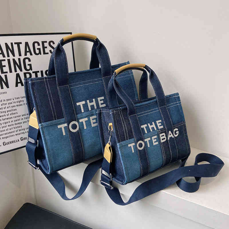 

Bags New denim contrast color splicing portable tote bag feeling small embroidered letter messenger Purses, Small blue