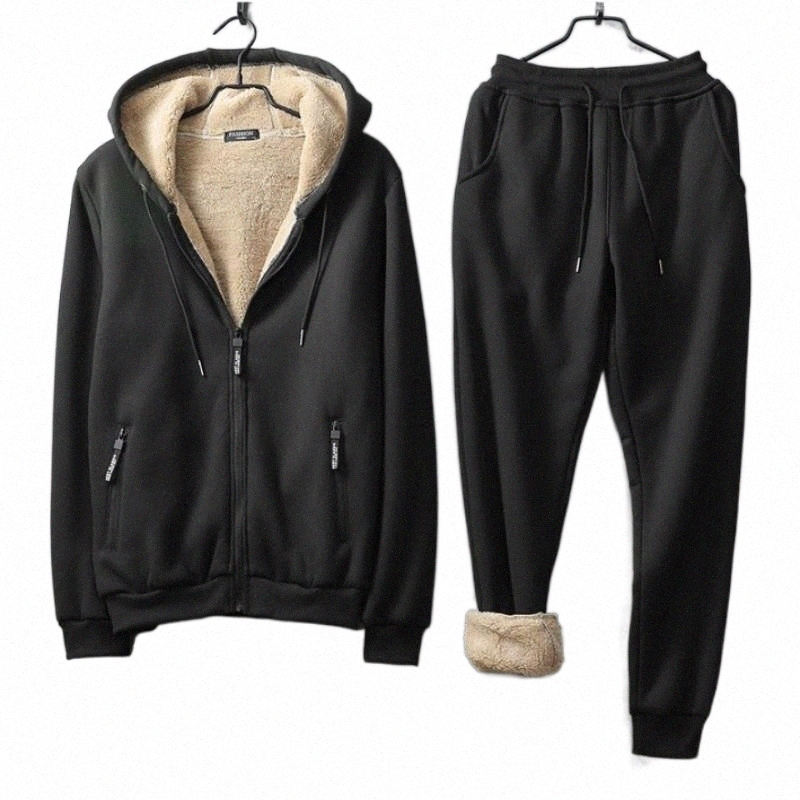 Men's Tracksuits men's Tracksuits Mens Winter Hoody Sweatshirt Casual Two Piece Sets Fleece Lining Tracksuit Elastic Waist Outside Jogg
