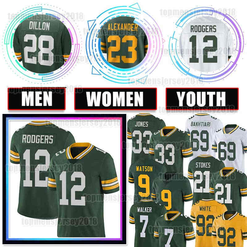 

12 Aaron Rodgers Football Jersey 23 Jaire Alexander Jones AJ Dillon David Bakhtiari Packer Romeo Doubs Randall Cobb Allen Lazard Eric Stokes Green Quay Walker Watson, Kid