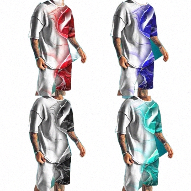 Men's Tracksuits men's Tracksuits Summer 2 Piece Sets Sport Tshirts Joogers Men's Tracksuit Colored Flame Pattern 3D Printed Short-image-798368142