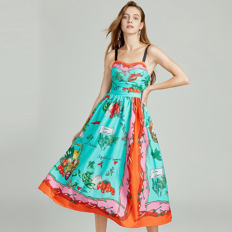 

Beach Vacation Women Dress Summer Fashion Vegetable Printed Midi Vestidos Spaghetti Strap Expansion Dresses, As picture