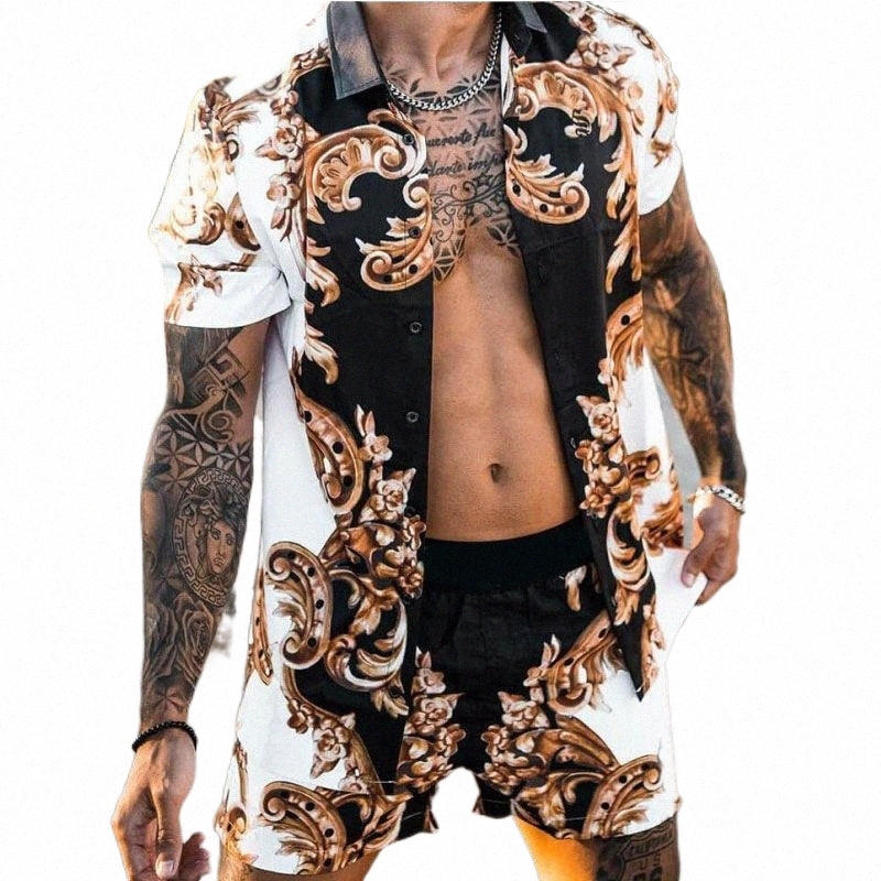 Men's Tracksuits men's Tracksuits Men Sets Print Patchwork Lapel Short Sleeve Casual Shirt Beach Shorts Summer Streetwear Vacation Hawaiia