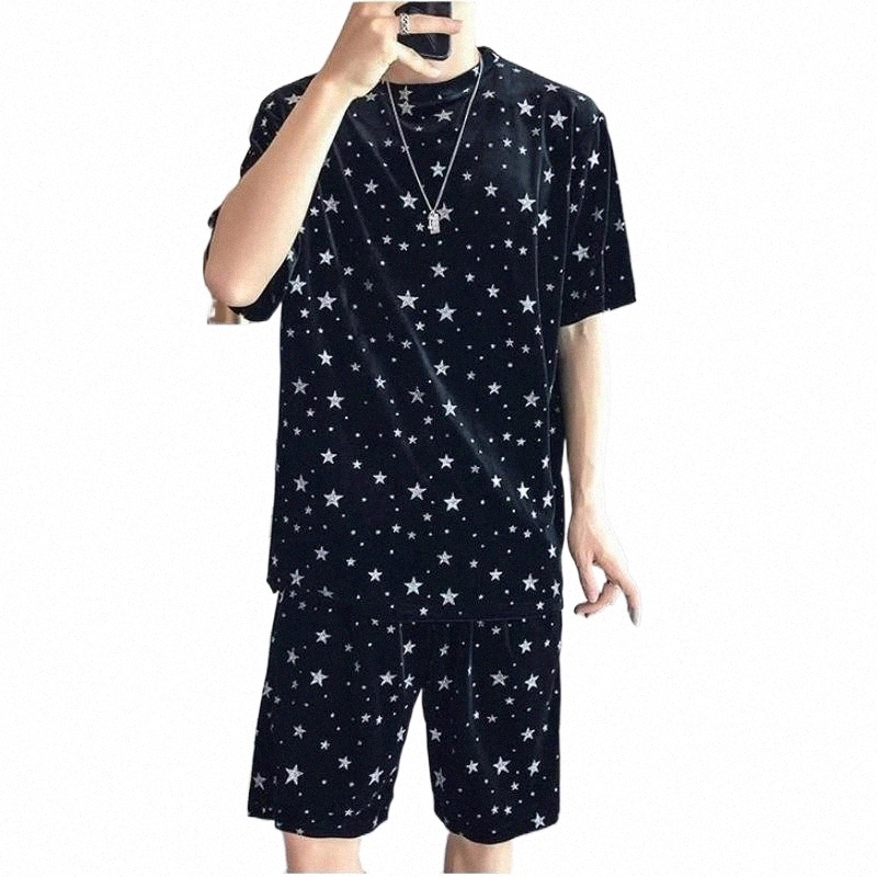 Men's Tracksuits men's Tracksuits Men Outfit Set 2022 Summer Men's T-Shirt Shorts 2 Piece Full Star Print Breathable Velvet Short Sle