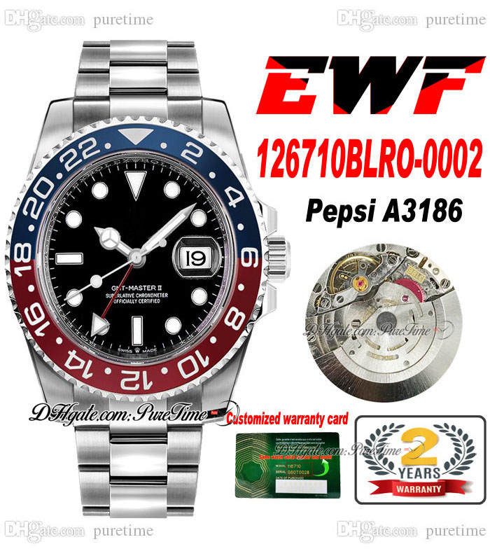 

EWF GMT Pepsi 12671 A3186 Automatic Mens Watch Red Blue Ceramics Bezel Black Dial 904L Steel OysterSteel Bracelet Super Edition Puretime D4, Custom warranty card