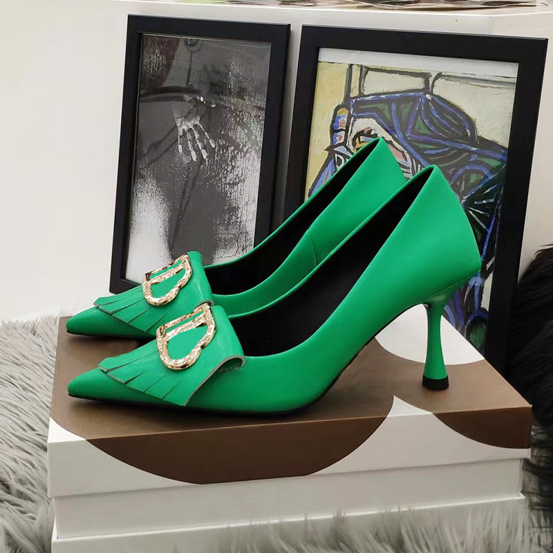 

Women's luxury formal shoes metal buckle decorative high heels pointed tassels red green fashion designer banquet wedding party shoes 8cm