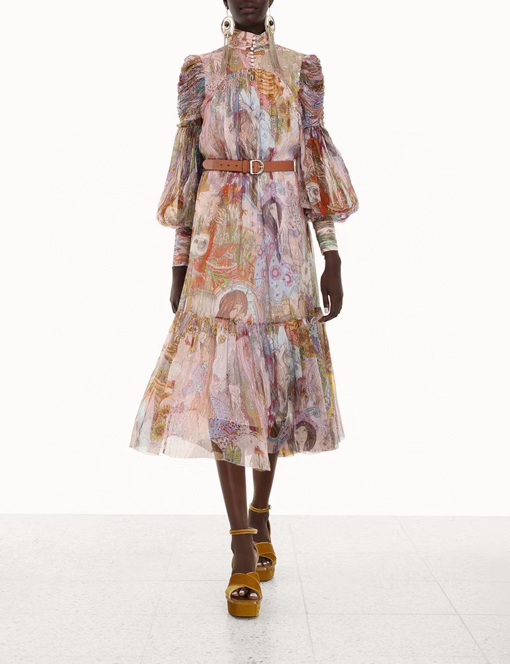

Runway Dresses Zim high end custom beautiful girl animal flower print Lantern Sleeve stand neck dress long skirt, Multi