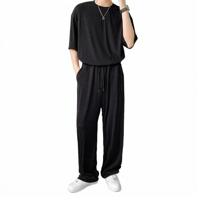 Men's Tracksuits men's Tracksuits SYUHGFA Men Clothing Short Sleeve T-shirt Loose Causal 2022 Summer Ice Silk Pleated Suit Korean Fashion