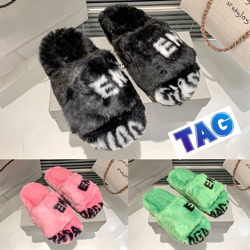 

Furry Slippers Allover Logo Slide Flat Comfort Slipper indoor Warm fur sandal fluffy fuzzy plush slides comfortable winter woman shoes White Black letter Sandals, No.6- shoes box