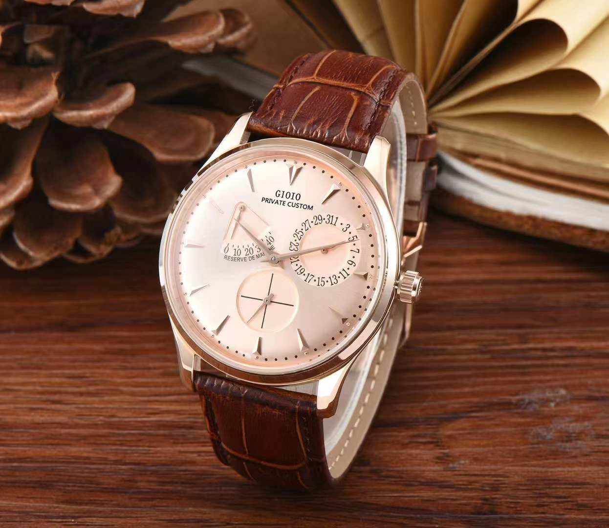 

Mens Automatic Watch Mechanical Dual Time Black Blue Leather