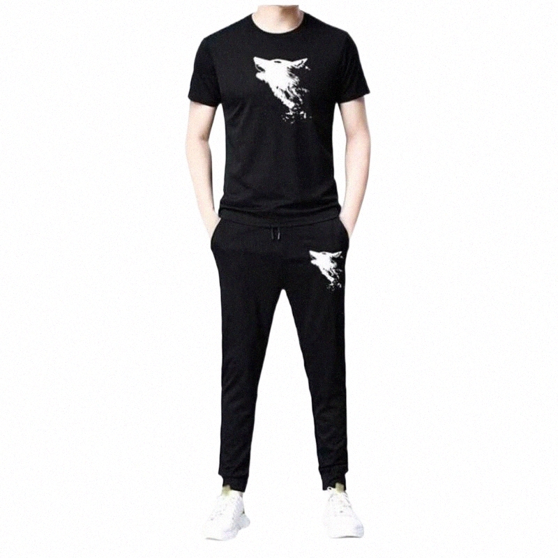 Men's Tracksuits men's Tracksuits Tracksuit Polyester O-Neck Casual Short Sleeve Track Suit Wolf Solid Pattern Print Clothing Fitness Blac