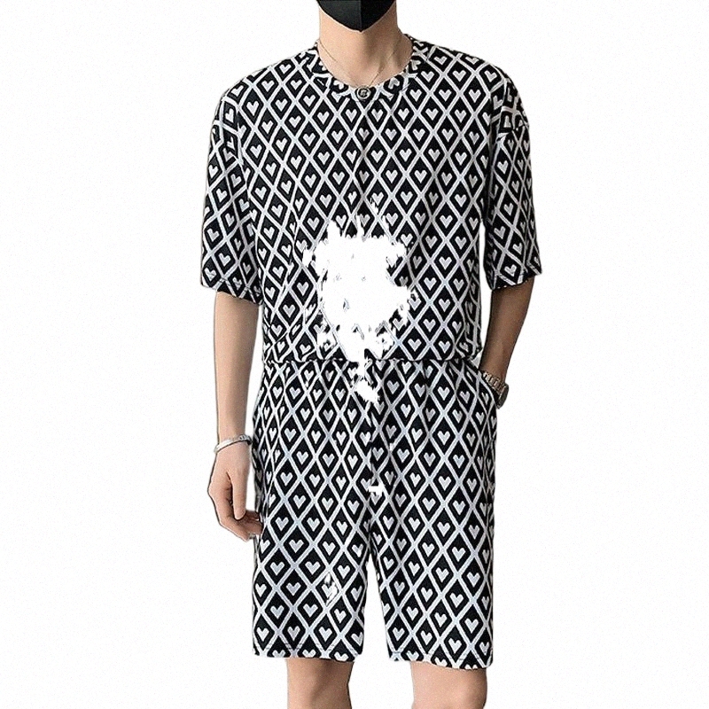 Men's Tracksuits men's Tracksuits Summer Men Set Clothes Trend Love Printed Short Sleeved Ice Silk Mens T-shirt And Shorts 2 Piece Outwear