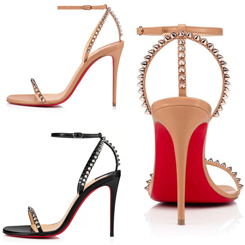

Senior Quality Summer Womens Bottom Pumps Sandals Luxury So Me 100 mm Slim Lady Black Khaki Leather Peep Toes Straps Rivets Popular Casual High Heels Sandal EU 35-43