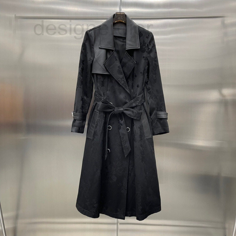 

Women' Leather & Faux designer Autumn and winter 2021 new lapels medium long jacquard belt trench coat sheepskin leather splicing women' 2B9U, 2# packing bag