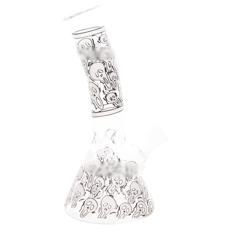 

Bent neck Hookah Heavy glass beaker base bong smoking water pipes cartoon skull decal with diffused downstem 14.4 female joint